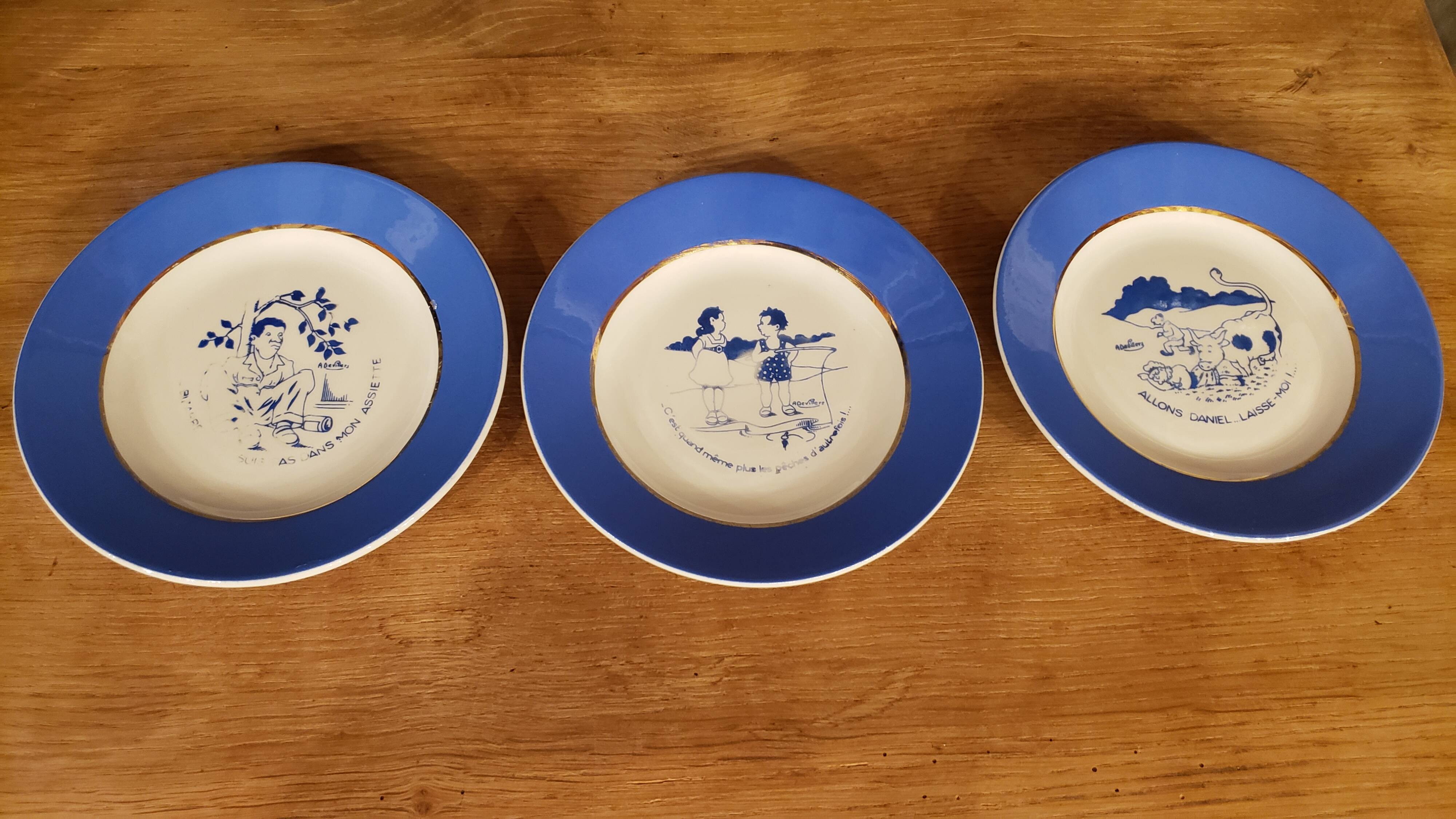 12 dessert plates + dish signed A.Devillers