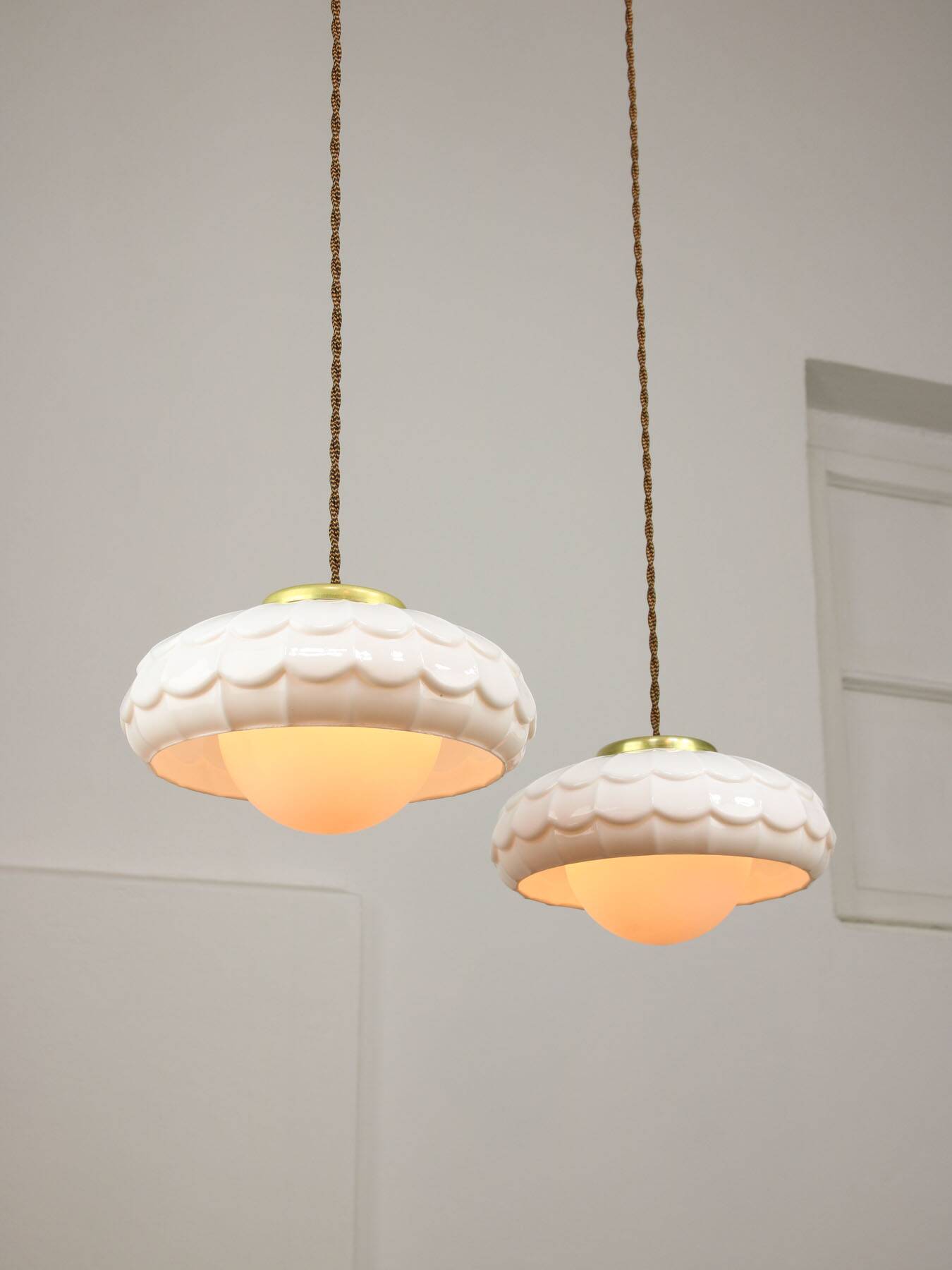 Mid-Century Italian Ceramic & Brass Pendant Lamps, Set of 2