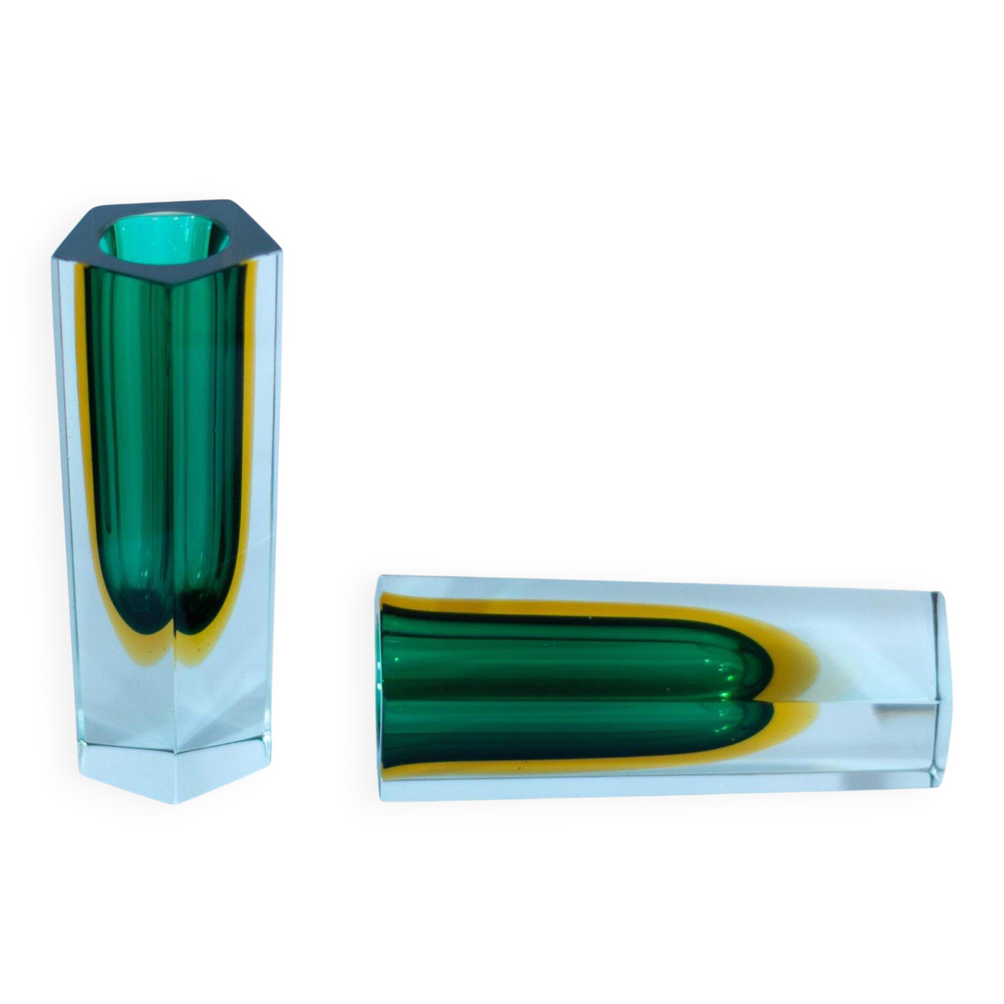 Flavio Poli Murano Sommerso Vases, Green & Yellow Glass, Set of Two