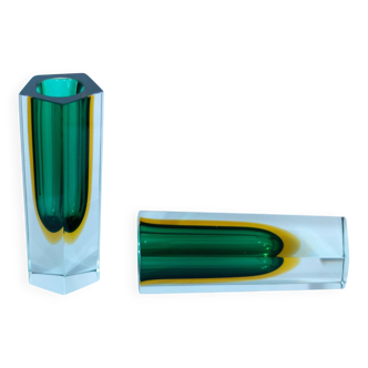 Flavio Poli Murano Sommerso Vases, Green & Yellow Glass, Set of Two