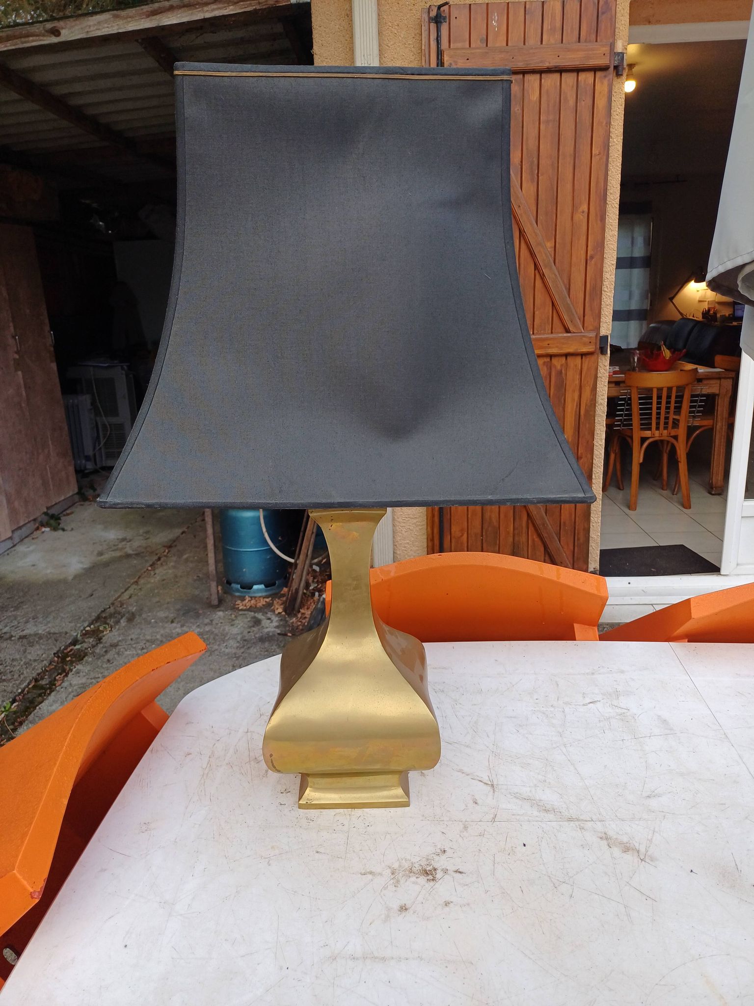 Bronze lamp and dark brown fabric shade