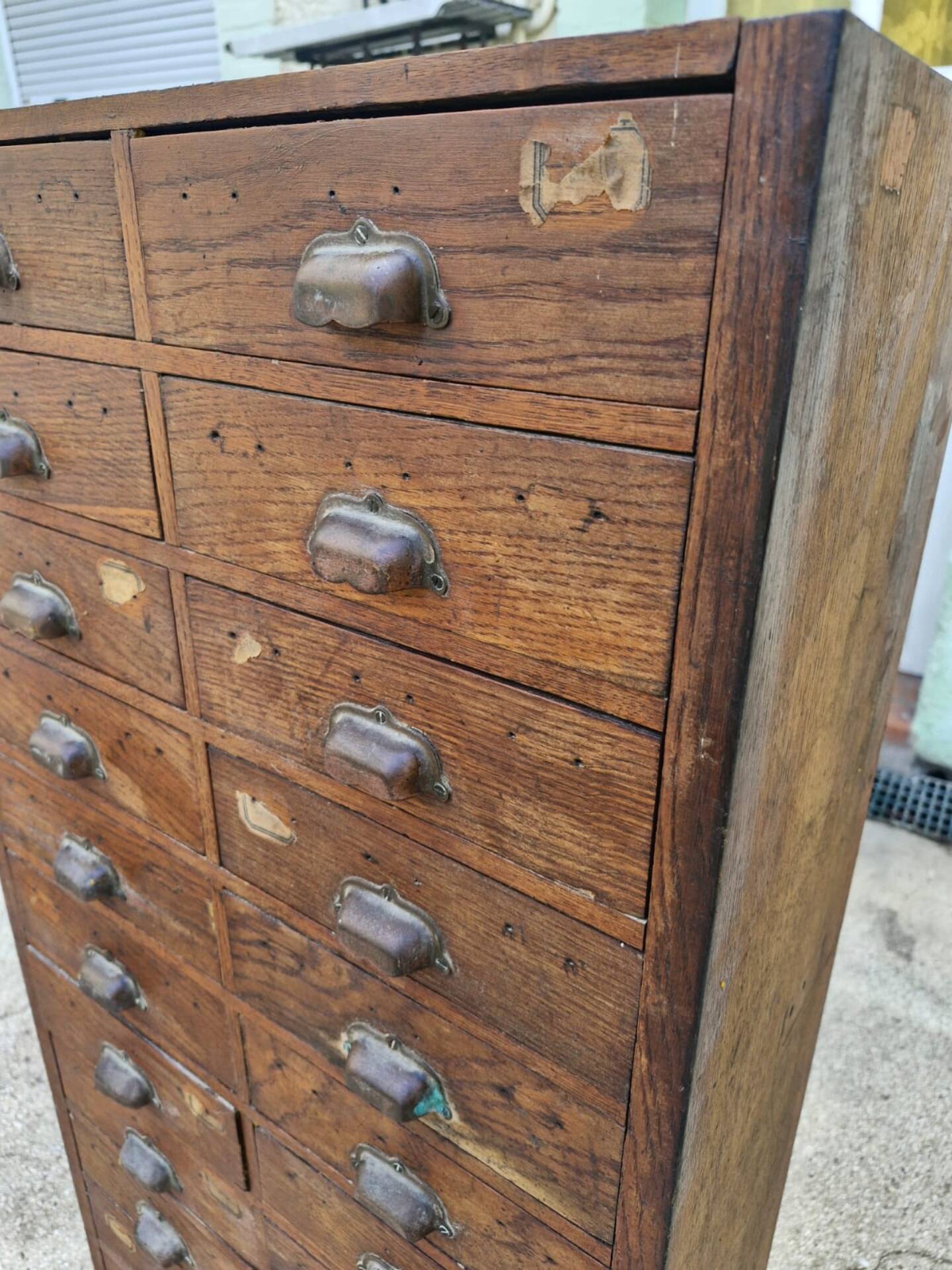 Old workshop cabinet with 28 oak drawers – workshop furniture