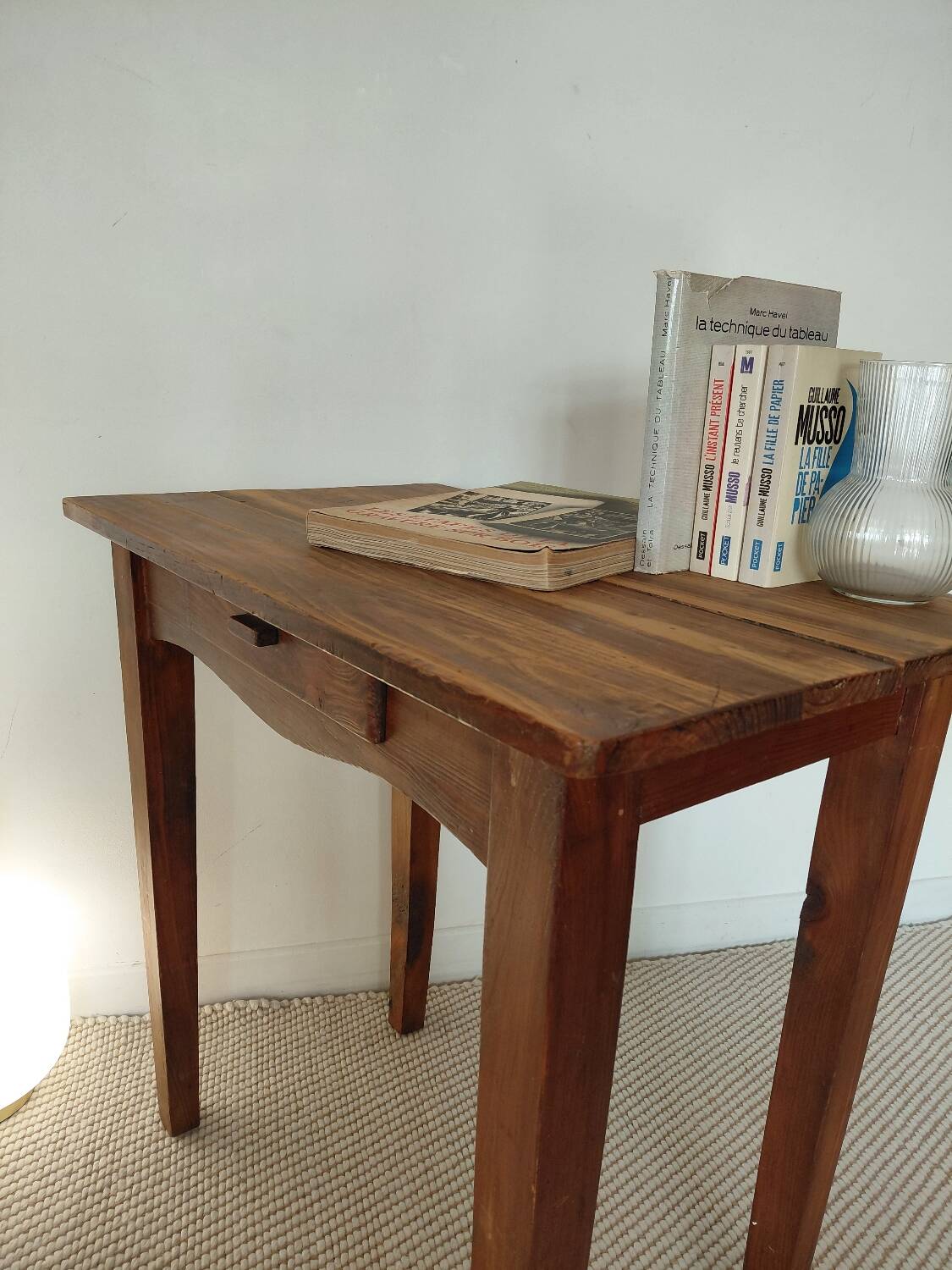 Old solid wood console - drawer - curved line - chic country style