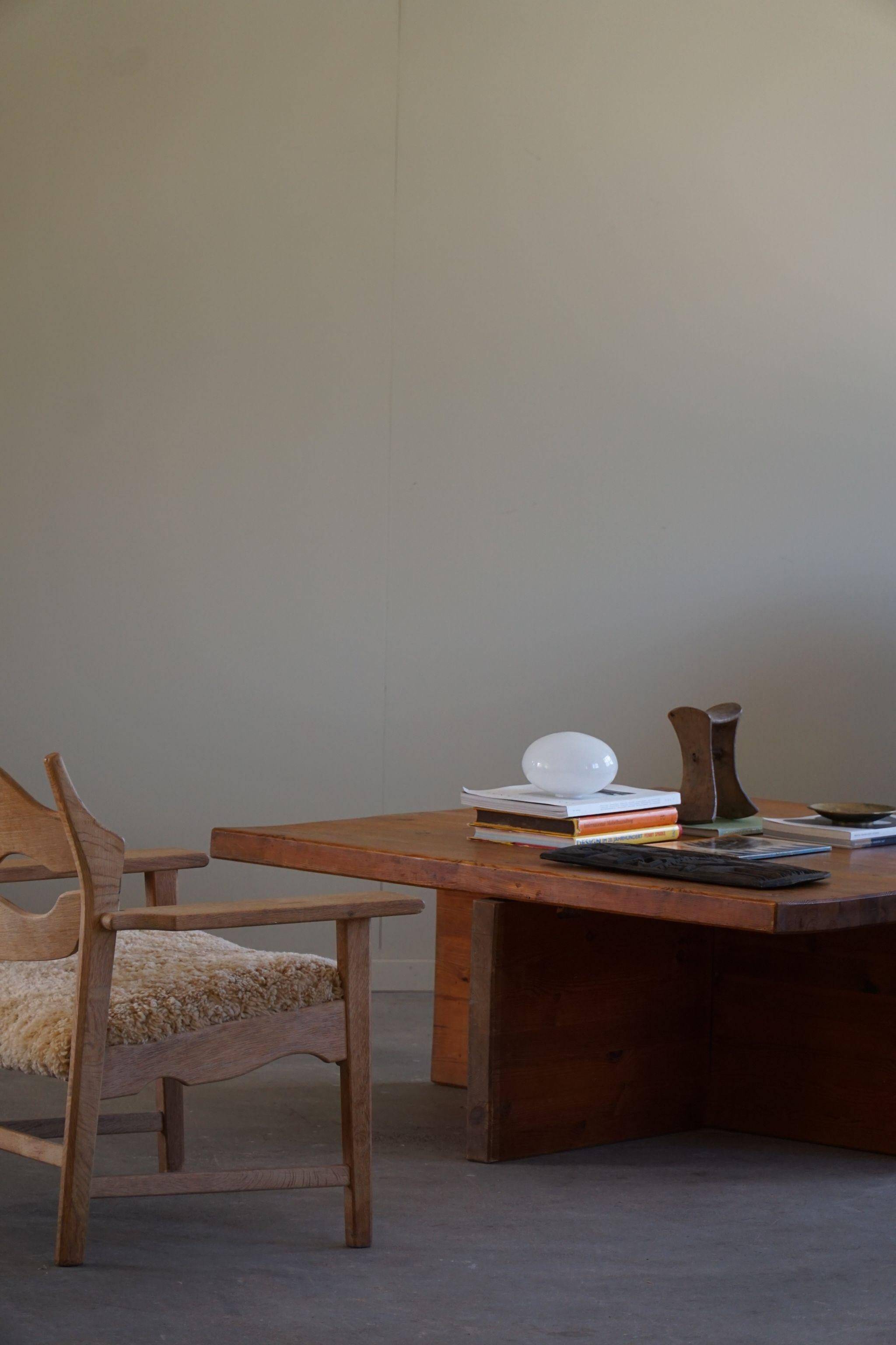 Modern Swedish coffee table in solid pine by Sven Larsson, brutalist, 1970s.