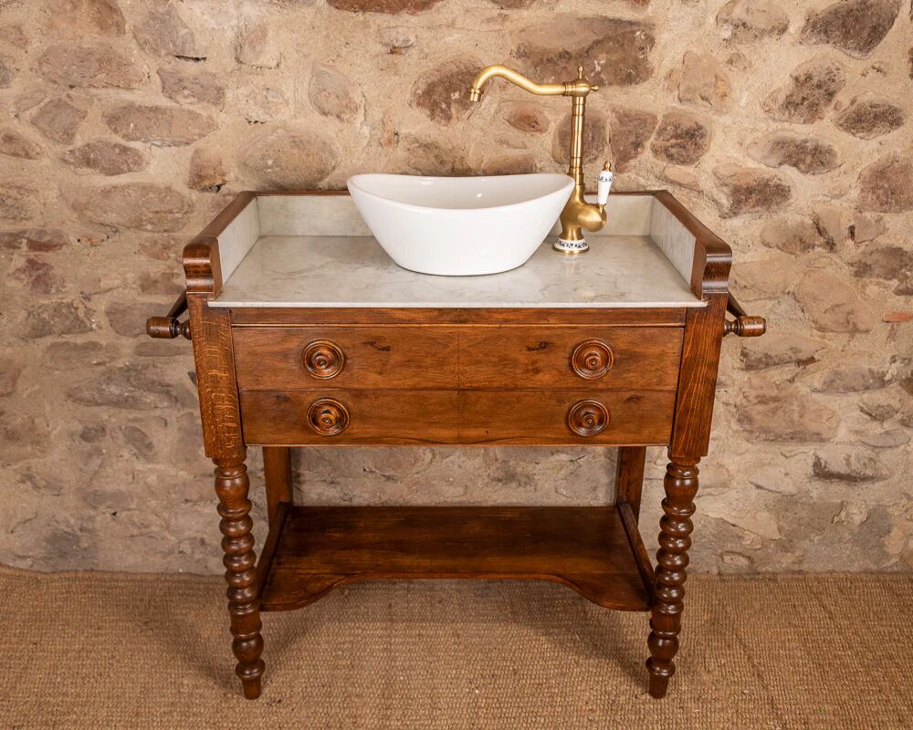 Marble and wood washbasin cabinet in Louis-Philippe style with double drawer.