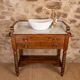 Marble and wood washbasin cabinet in Louis-Philippe style with double drawer.