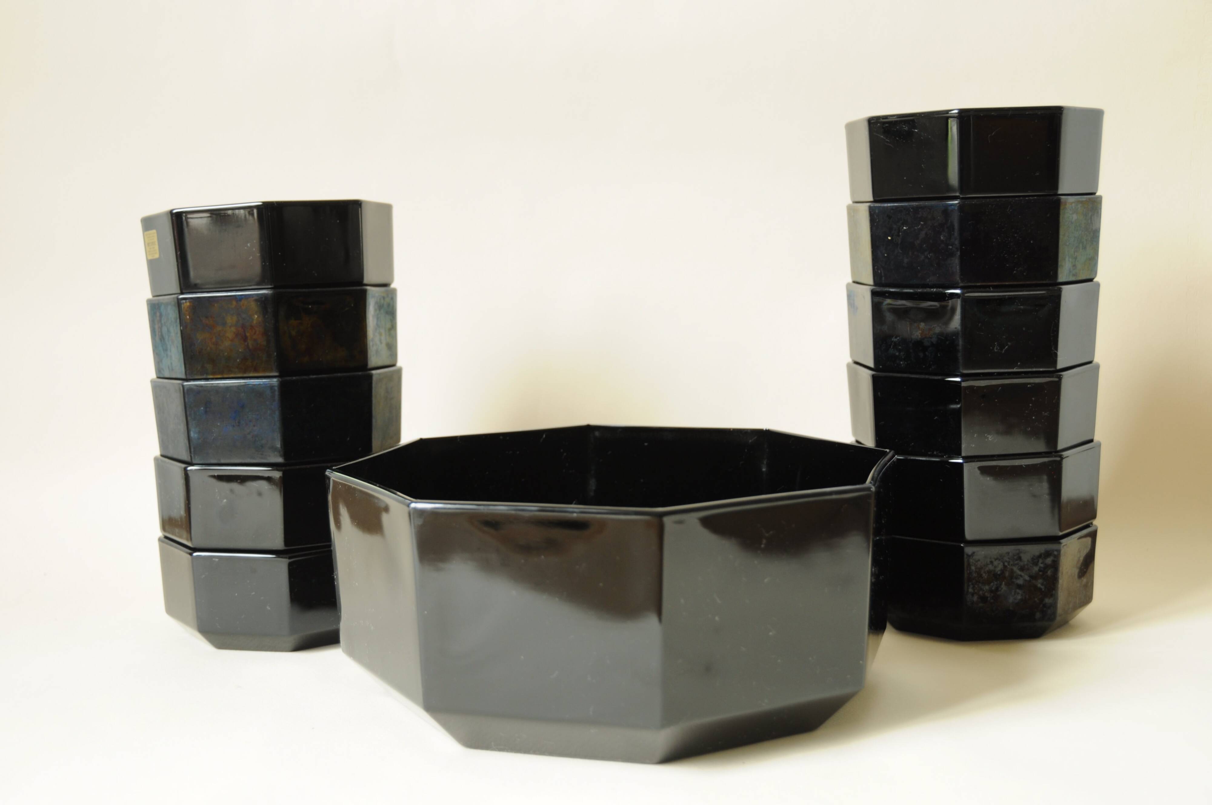 Dessert Set - Vintage Salad Bowl and Ramekins - Arcoroc Black Glass