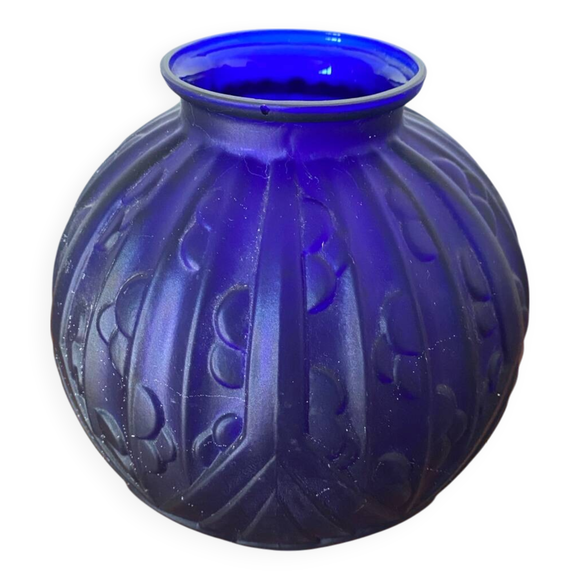 Antique Art Deco Ball Vase Molded Glass Czech Blue Vintage Decoration