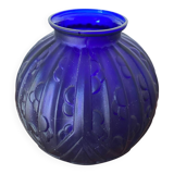 Ancien Vase Boule Art Déco Verre Moulé Bleu Tchèque Décoration Vintage