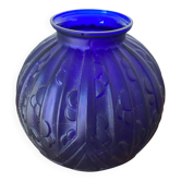Ancien Vase Boule Art Déco Verre Moulé Bleu Tchèque Décoration Vintage