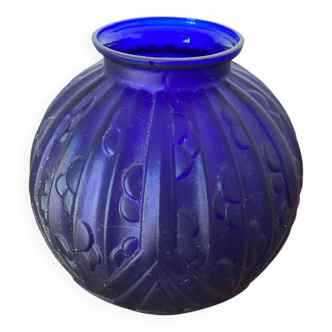 Antique Art Deco Ball Vase Molded Glass Czech Blue Vintage Decoration