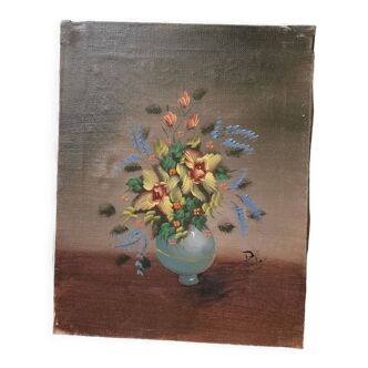 Canvas vintage hand-painted painting signed still life flowers