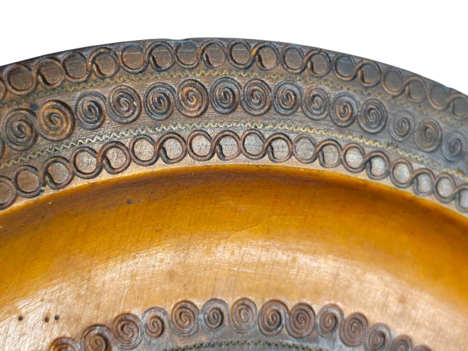 Vintage 1960s Hand-Carved Wooden Plate - Intricate Floral and Spiral