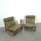 Green leather and oak wood armchair