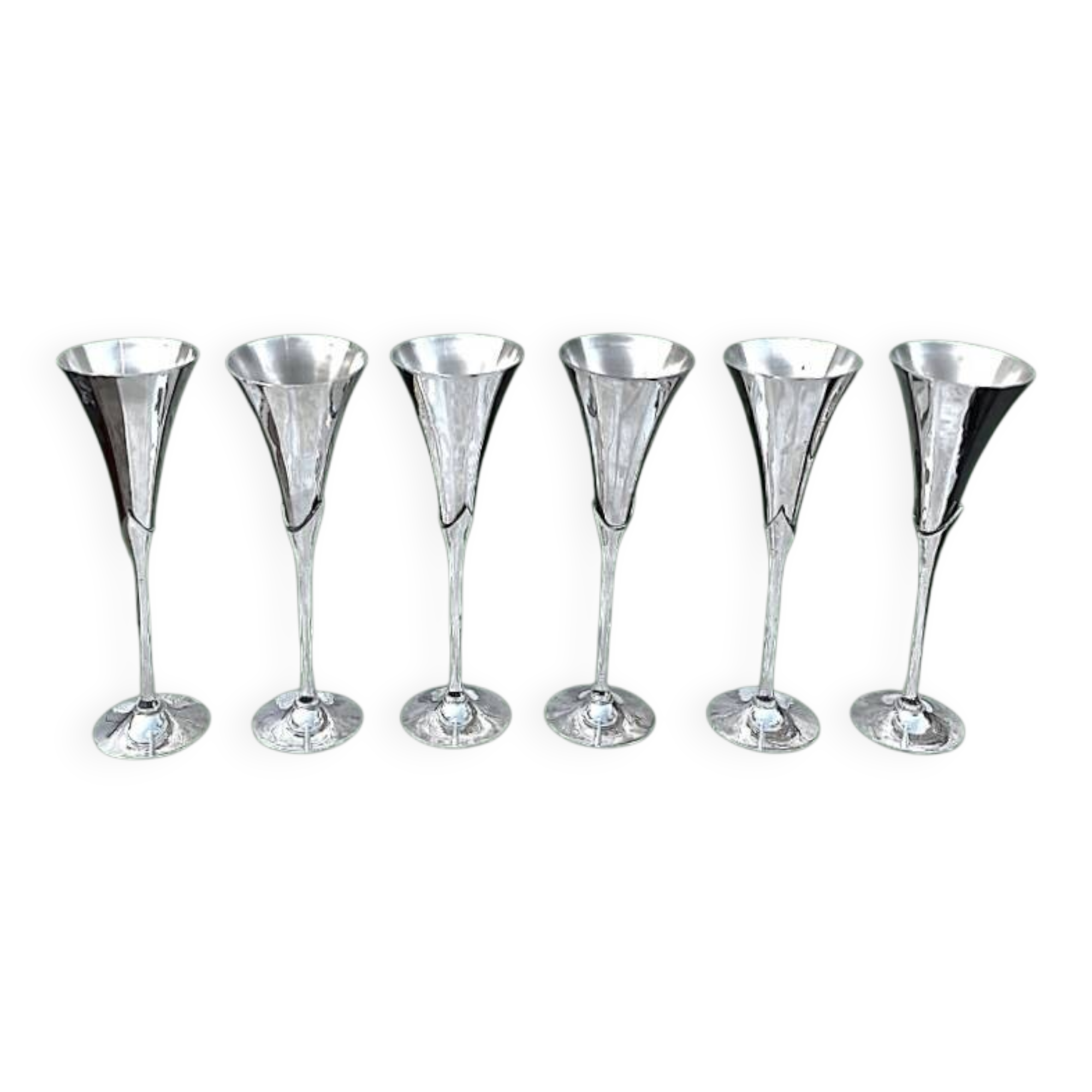 Set of six vintage chrome metal champagne flutes – 1970s