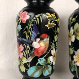 Pair of porcelain vases decorated with birds and flowers on a black background, Napoleon III