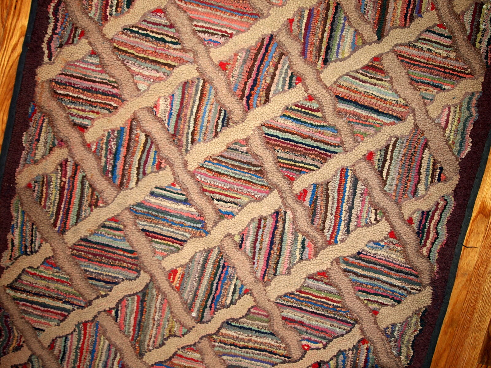 Old american carpet hooked handmade 88cm x 252cm 1880s