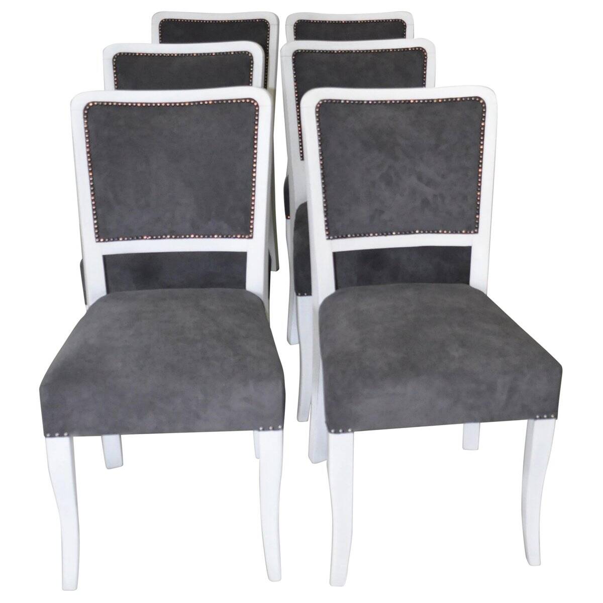 Lot de 6 chaises Art Déco gris et blanc en bois et tissu, années 1930