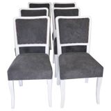 Lot de 6 chaises Art Déco gris et blanc en bois et tissu, années 1930