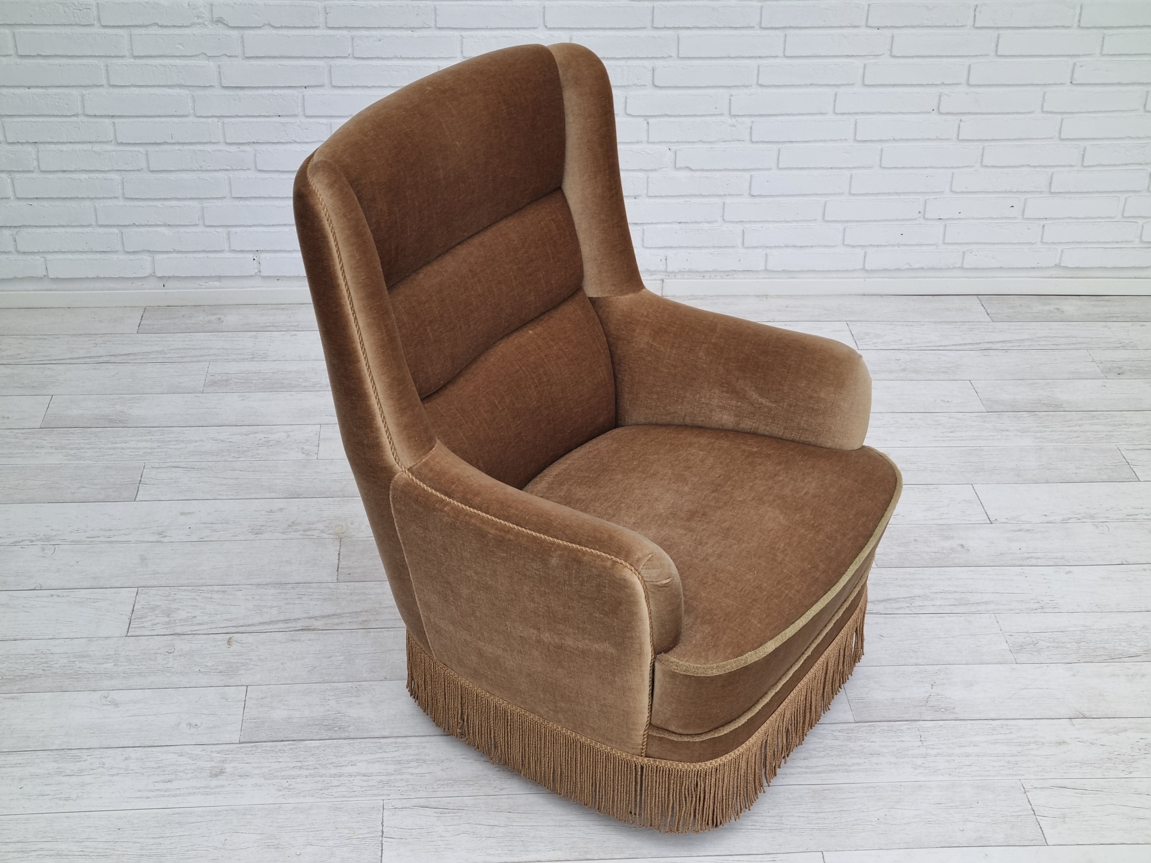1960s, Danish high back armchair, original upholstery, green velour