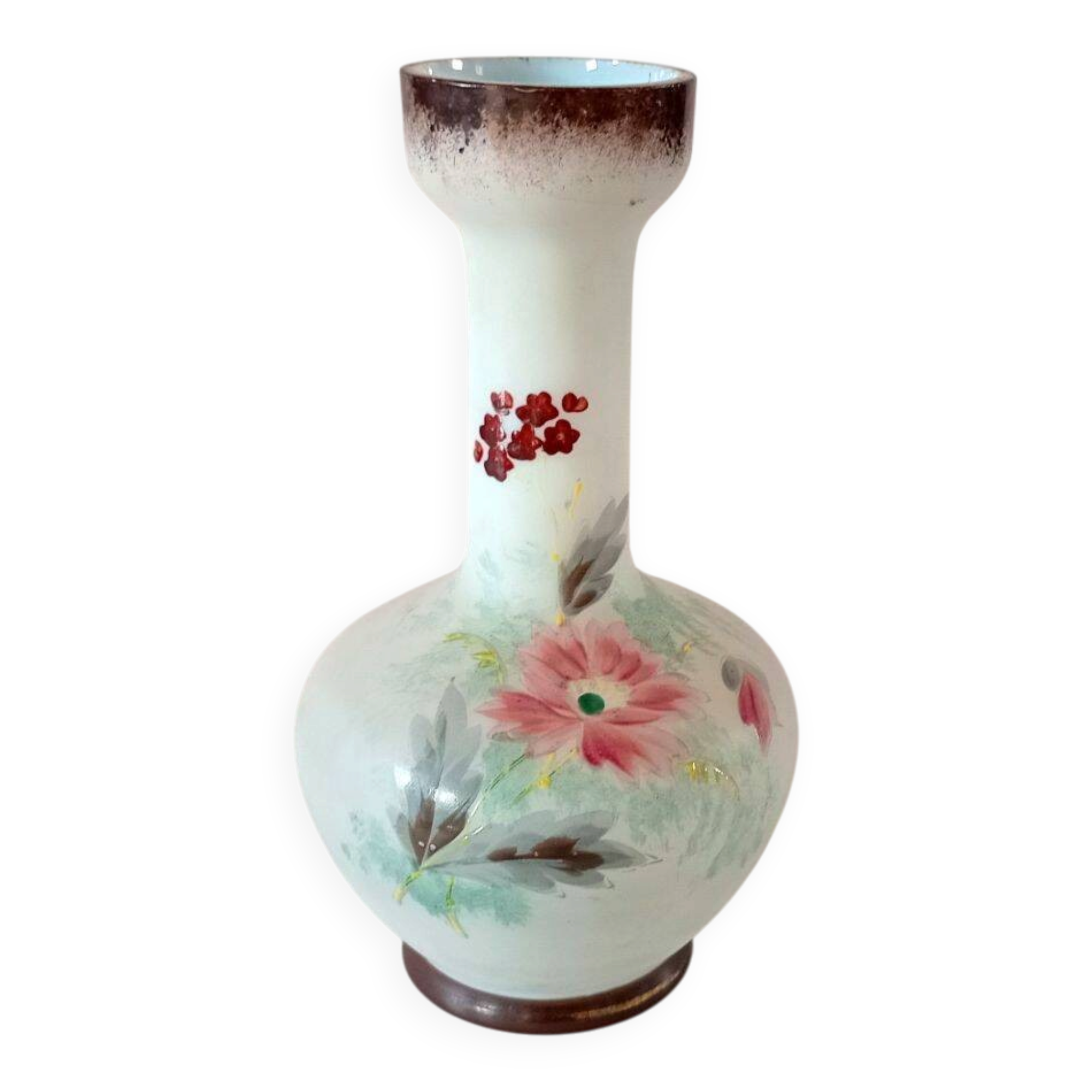 Late 19th Century French Opaline Glass Vase - Hand-Painted Floral Soliflore