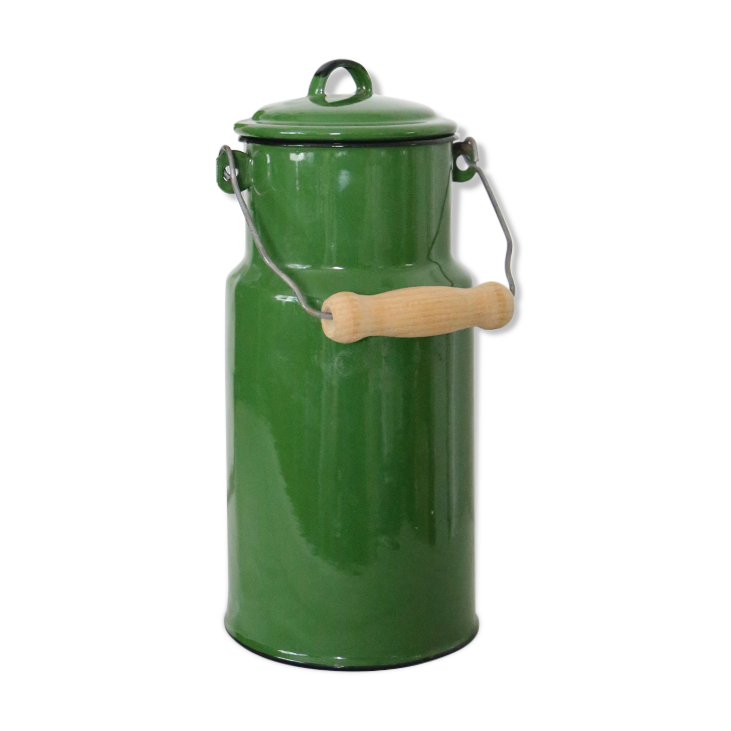 Enamelled metal milk jar, vintage