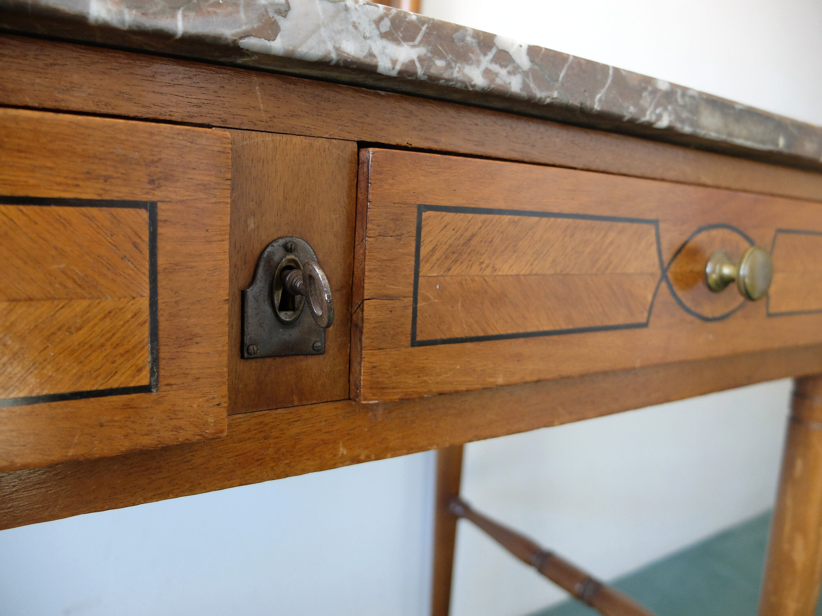 Belgian Art Deco dressing table with marquetry, red marble top, 1920-1930