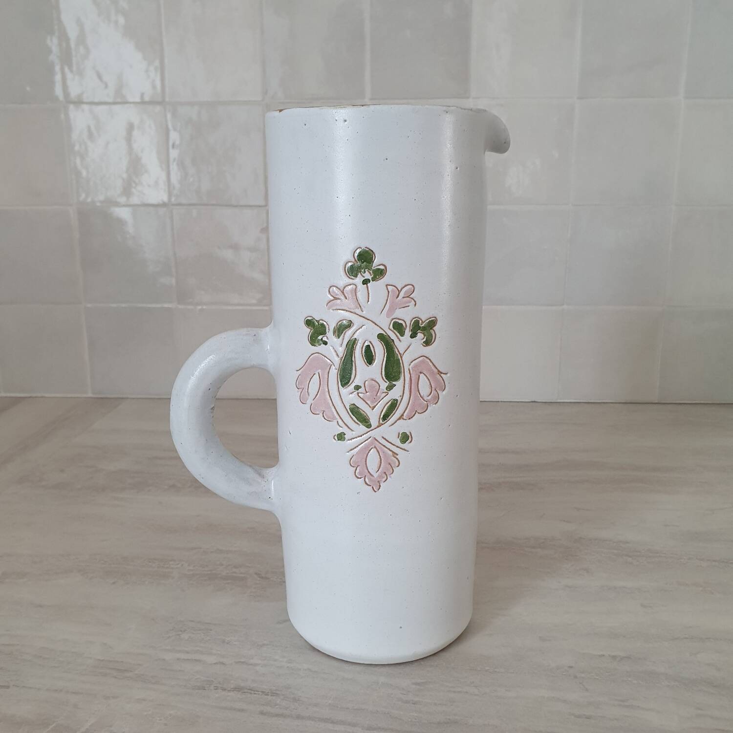 Large white jug with a pink pattern