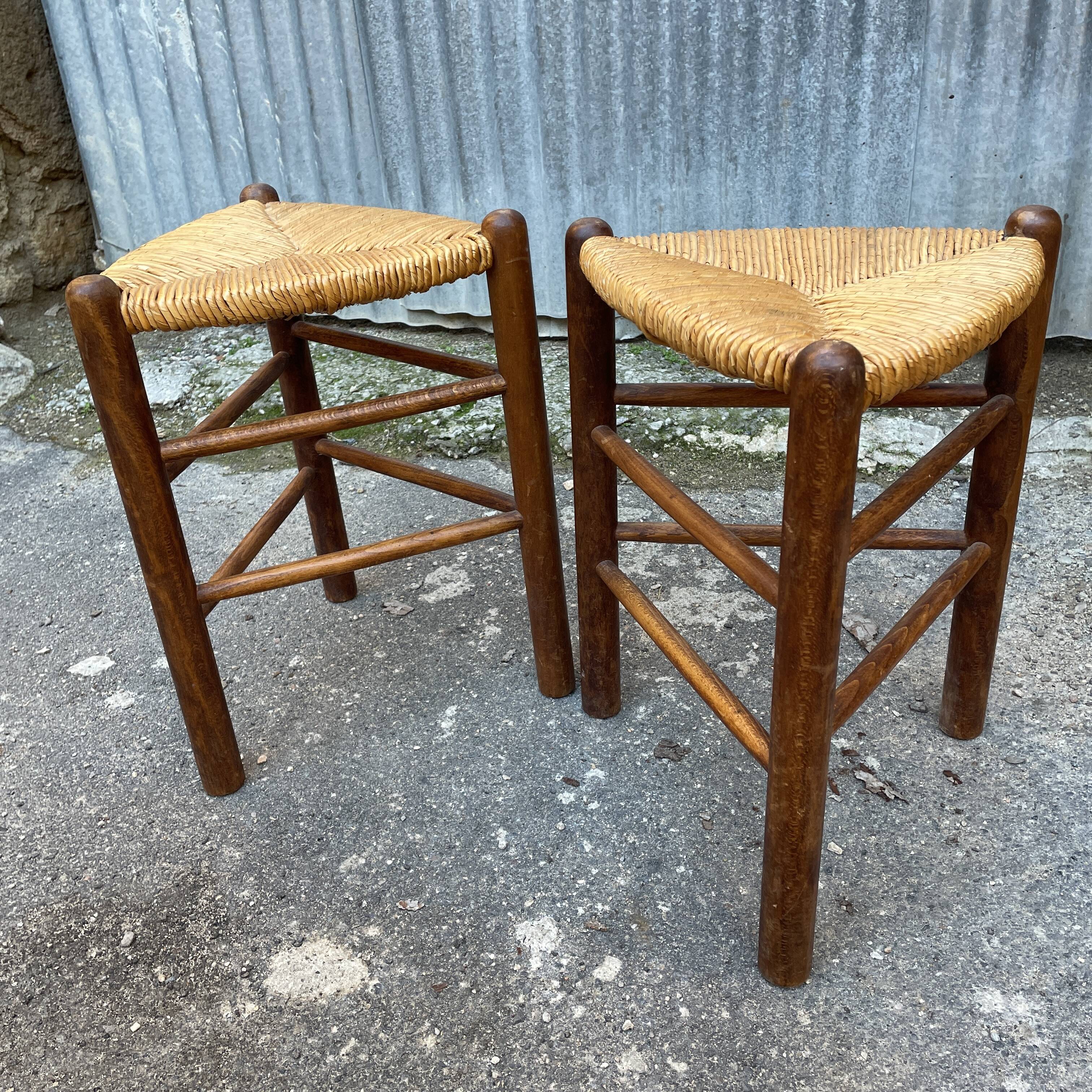 Pair tripod stool vintage design wood and straw