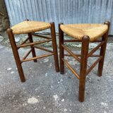 Pair tripod stool vintage design wood and straw