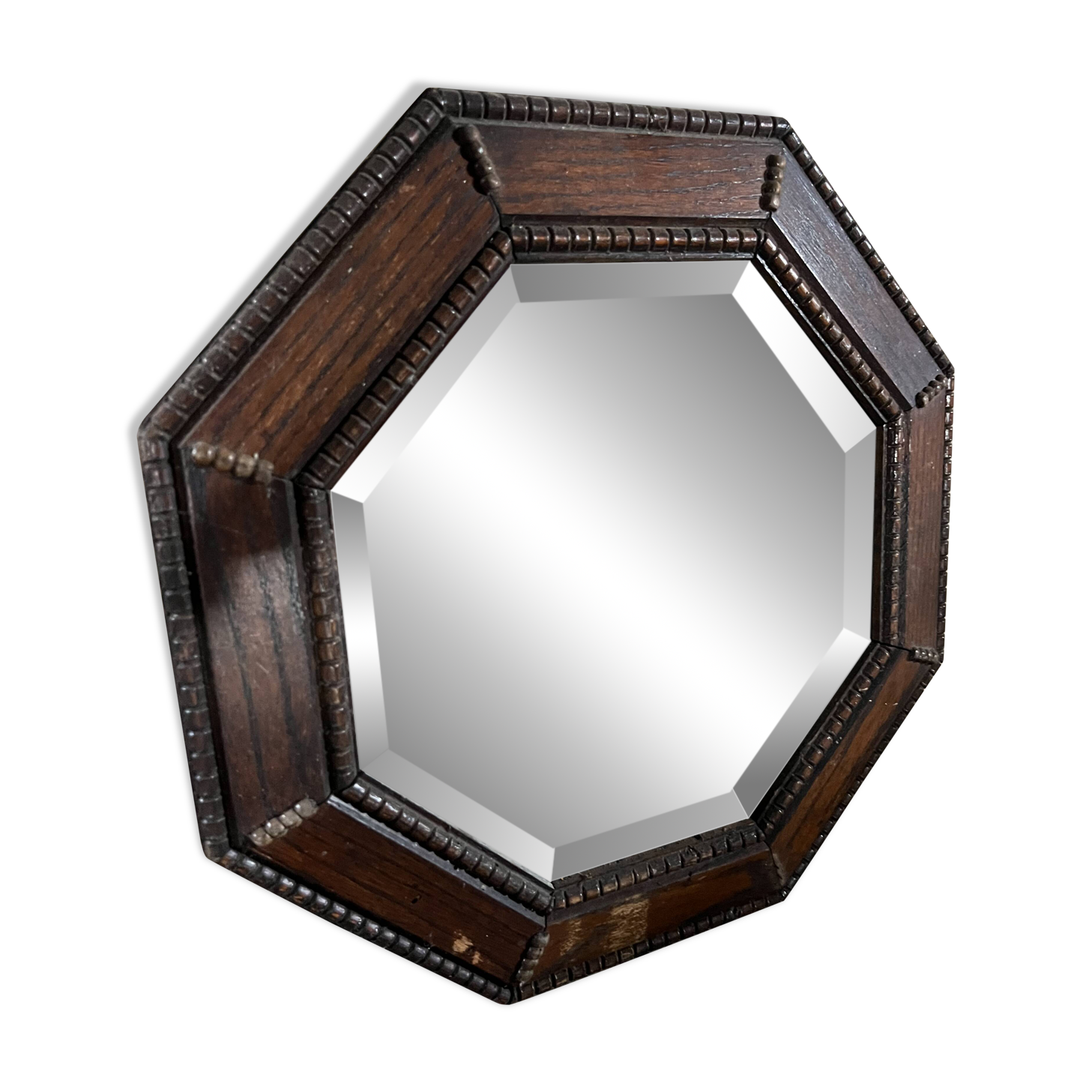 Antique octagonal mirror in dark wood – pearl decoration