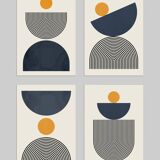 4 geometric art prints with circles and lines.