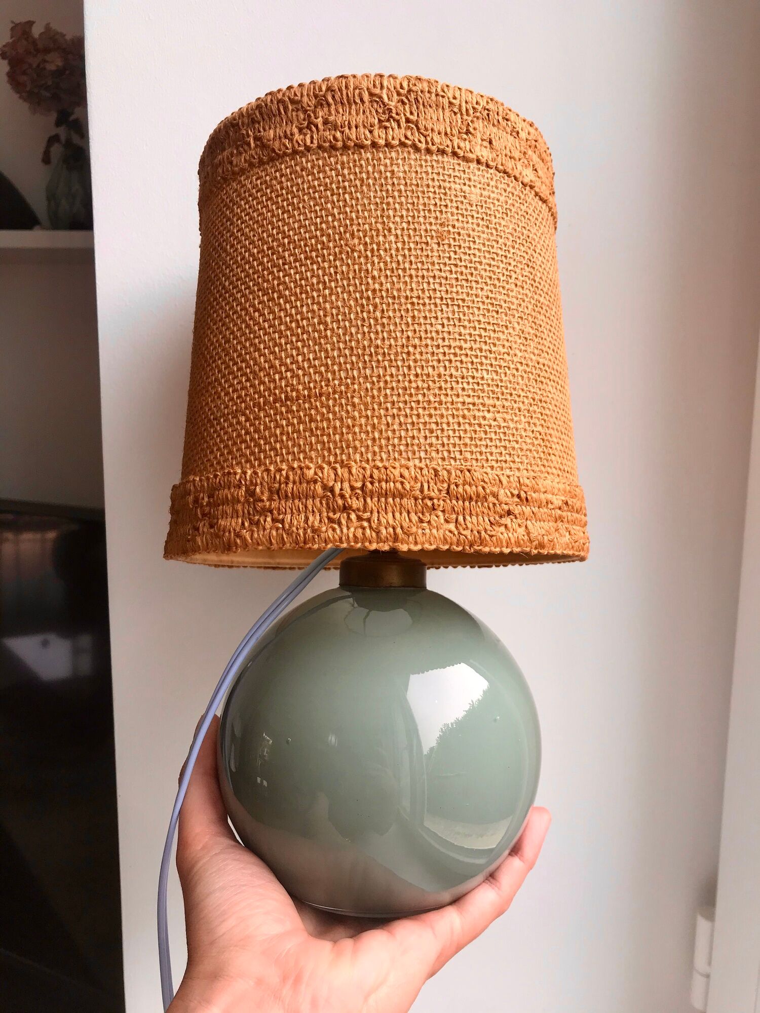 Table lamp with feet in water green opaline and woven lampshade 60s-70s