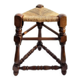 Straw and wooden triangle tripod stool H 47 cm