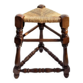 Tabouret tripode triangle  paillé et en bois H 47 cm