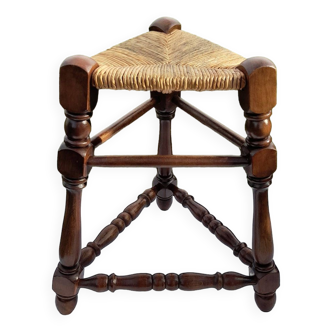 Straw and wooden triangle tripod stool H 47 cm
