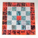 Vintage bamboo dining table with red, white and blue checks, 1950s