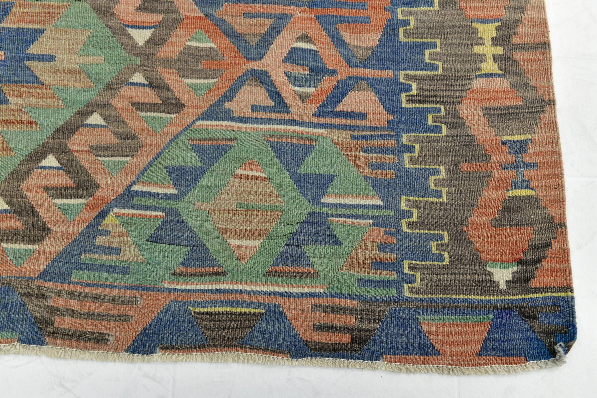 5x11 Green & Blue Tribal Turkish Vintage Kilim Rug 170x333Cm SK 35197