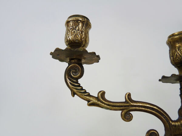 Paire d'anciens bougeoirs à 3 branches en bronze, année 50/60