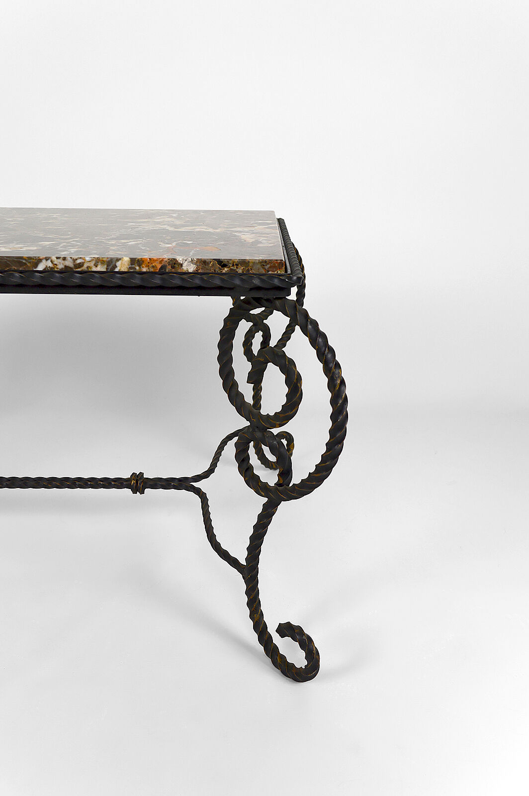 Coffee table in patinated wrought iron and marble, circa 1940