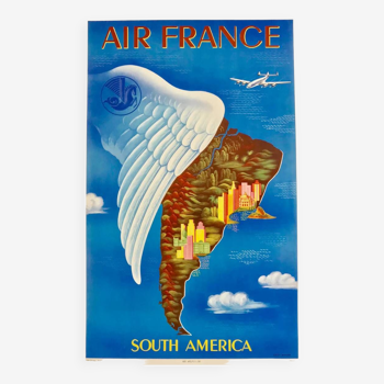 Original Air France South America poster by Lucien Boucher in 1950 - Small Format - On linen