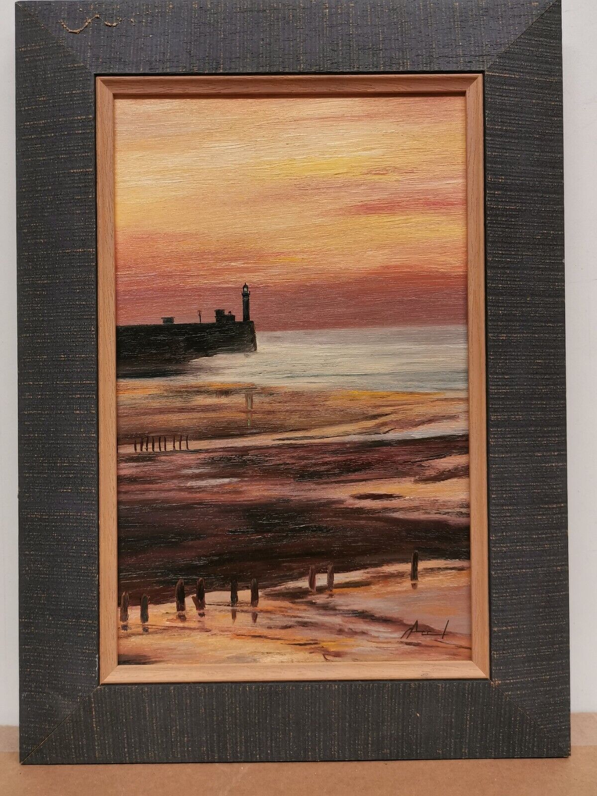 Table , HSP oil signed ACCL . seaside scenery , sunset