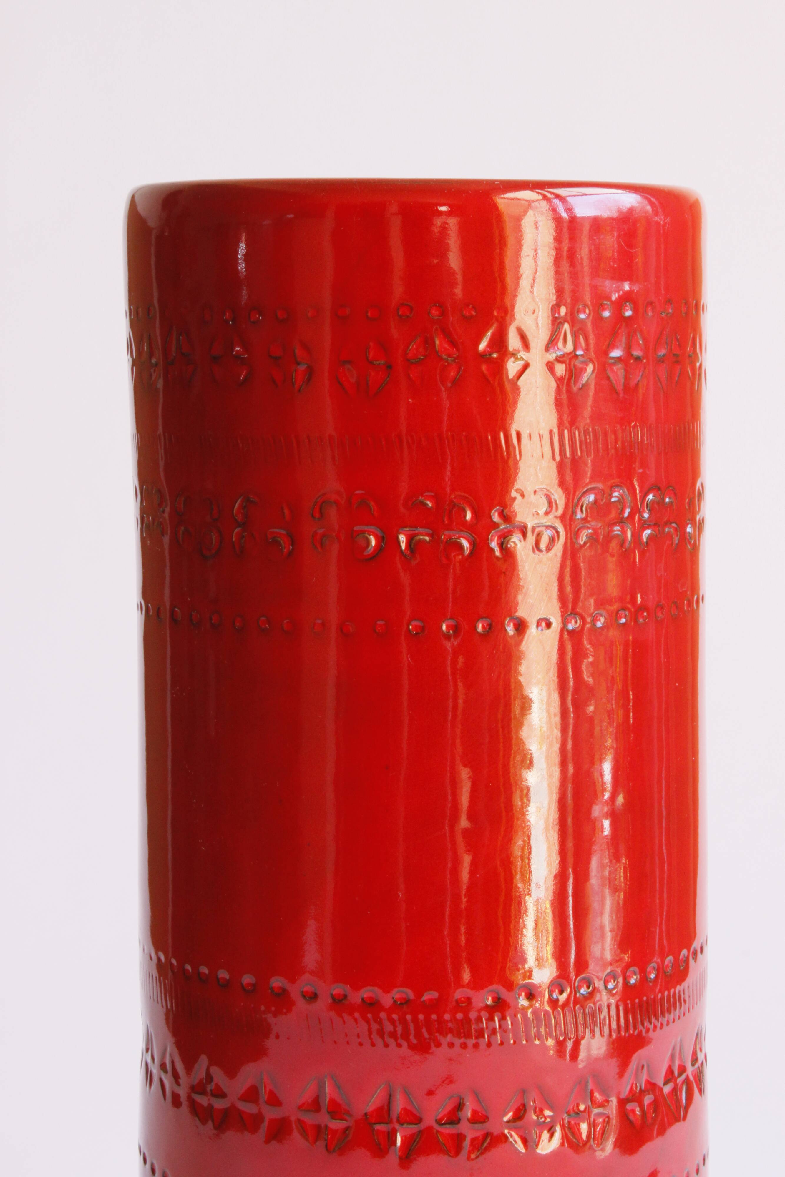 Cylindrical red ceramic vase by Aldo Londi for Bitossi, Italy