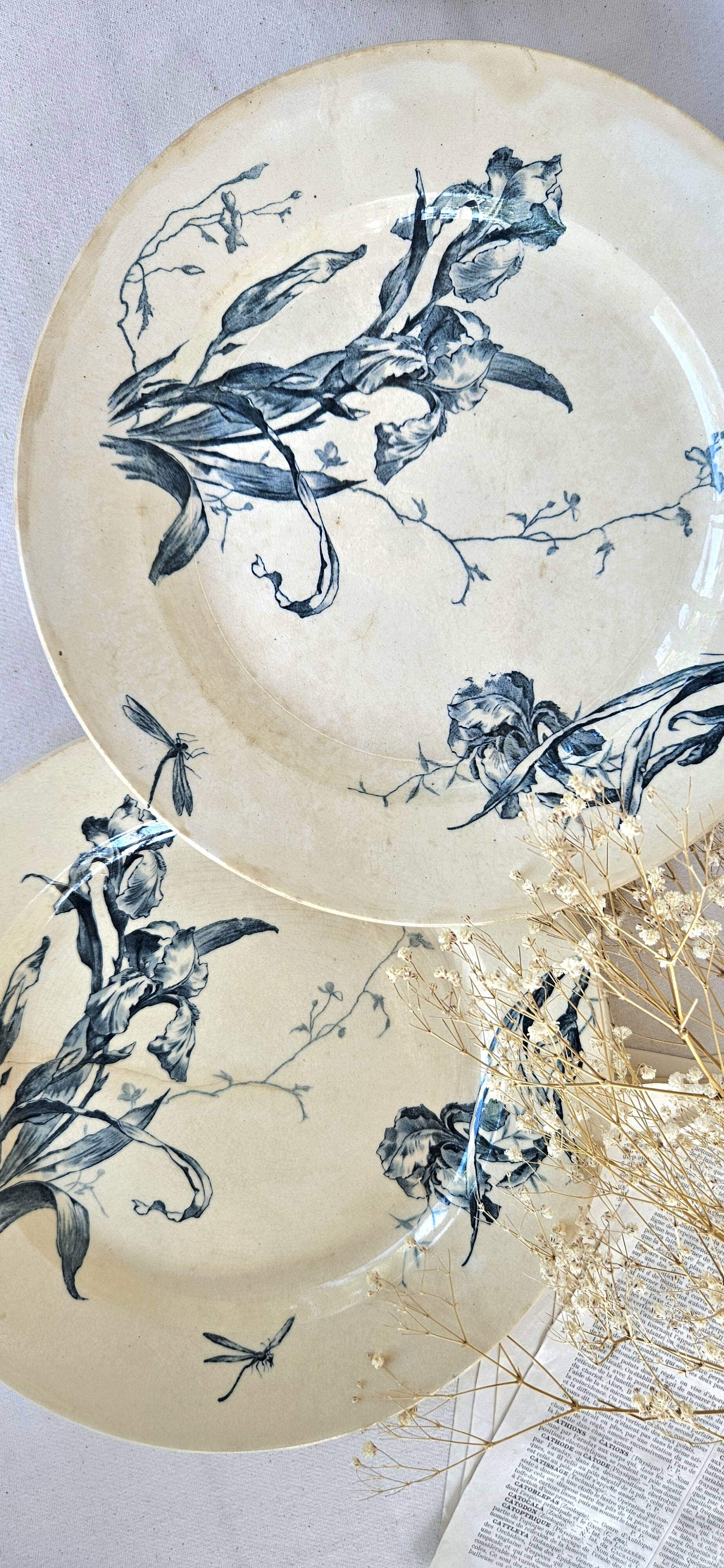 Pair of earthenware dishes from Gien, Iris model, 28 cm