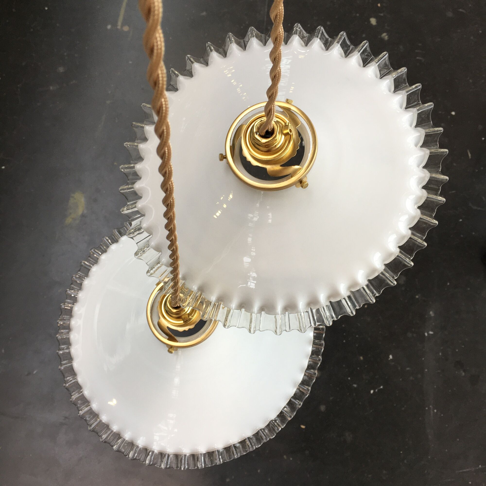 Pair of vintage white opaline pendant lamps and transparent serrated edges