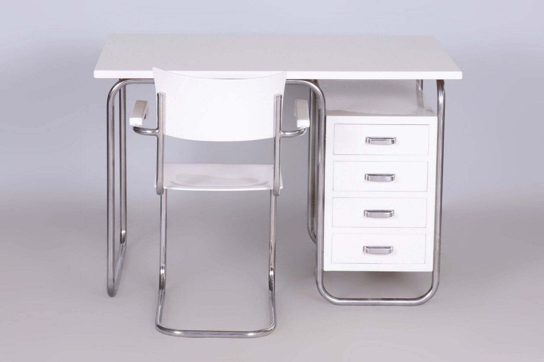 Czech Bauhaus Writing Desk with Chair in Chrome and Lacquered Wood, 1930s, Set of 2