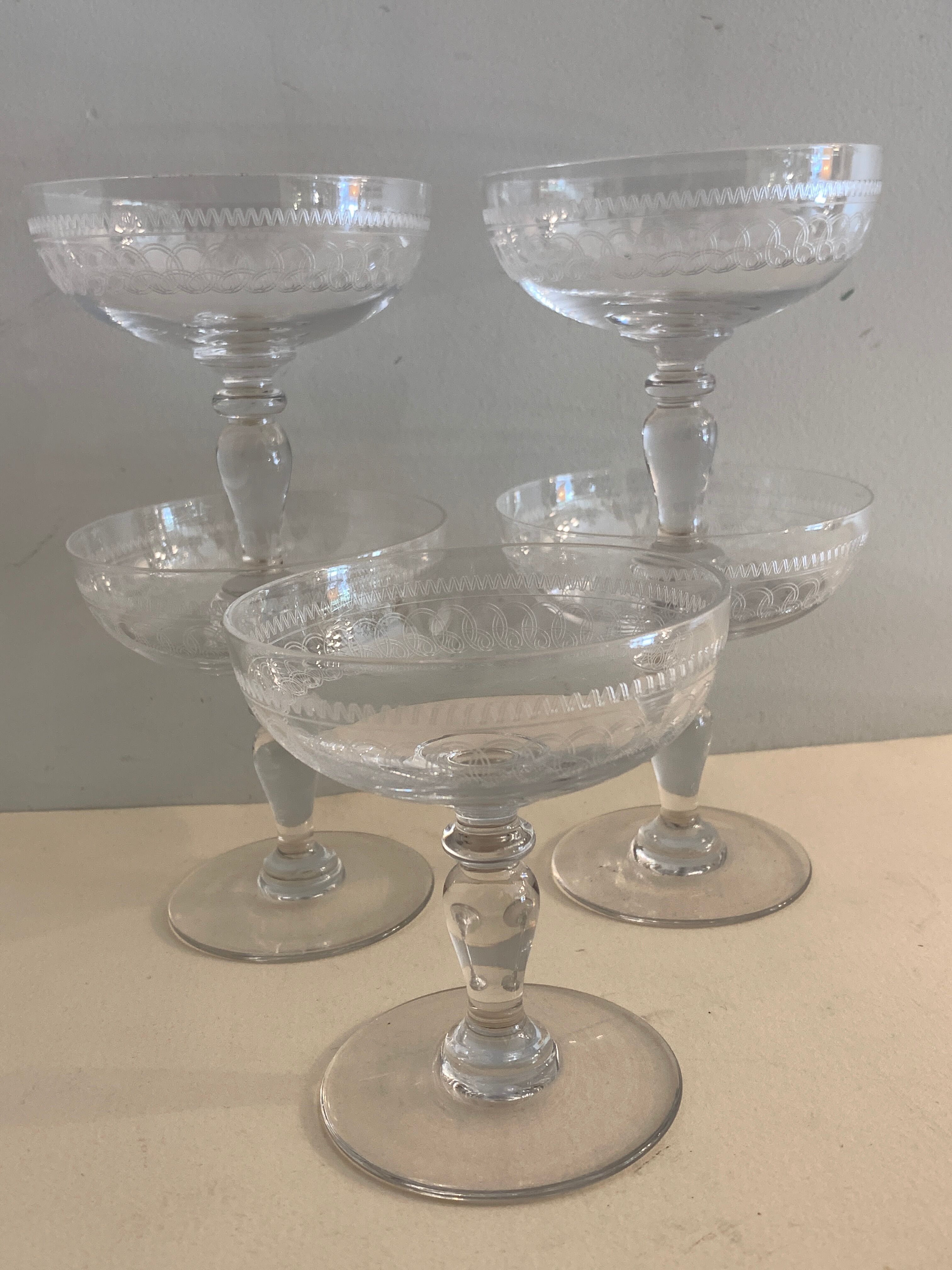 5 antique champagne glasses in engraved crystal