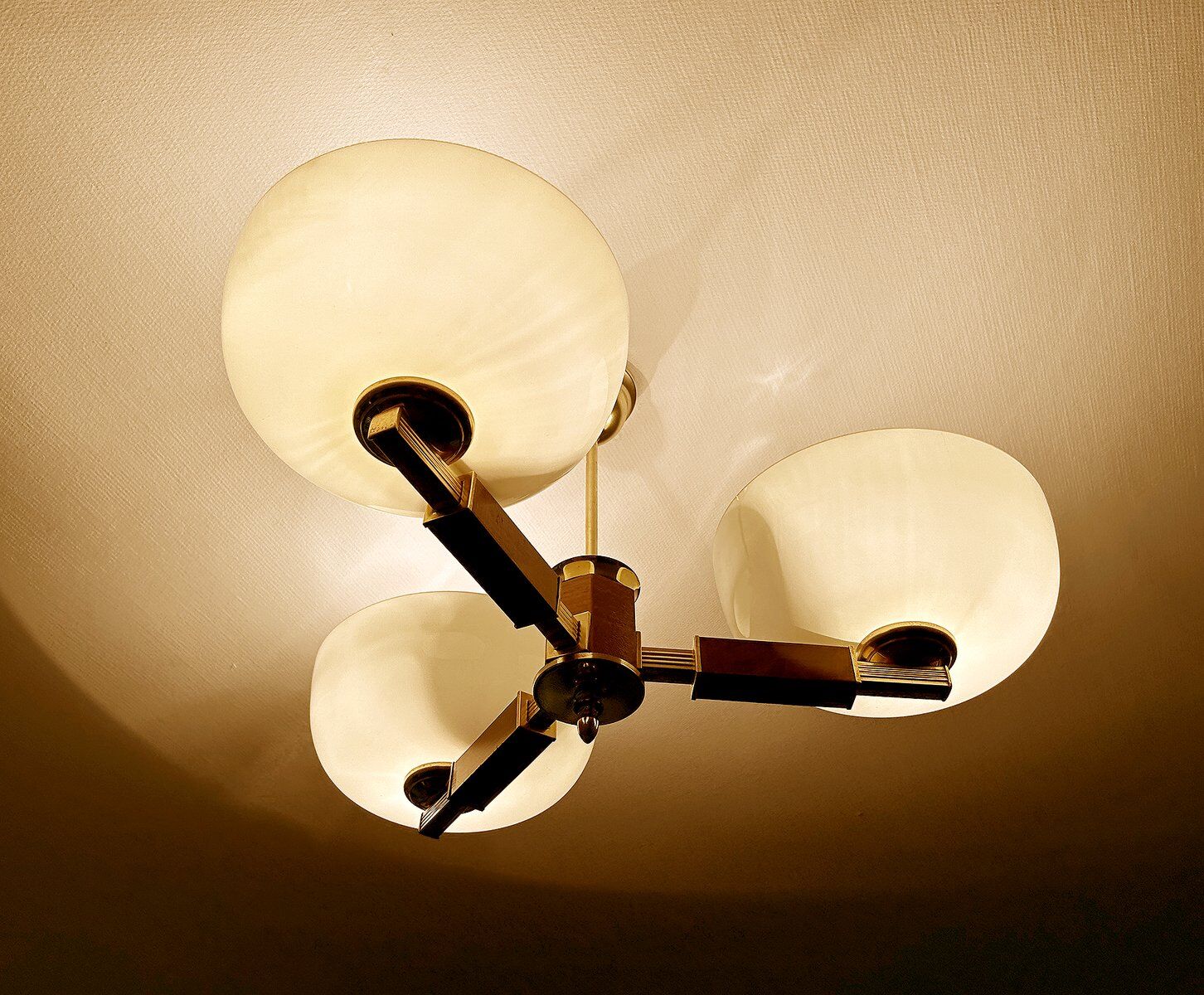 Large Art Deco pendant light in wood and glass, 1930s