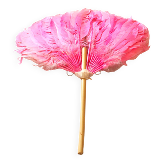 Eventail cabaret 1900 ecran à main ancien en plume rose et bambou