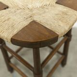 Brutalist stool in wood and straw, 1960s, 59cm